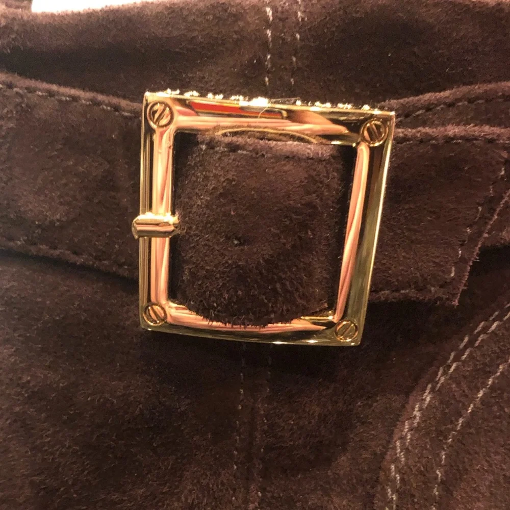 HP! Tory Burch booties in Coconut brown suede and gold buckles. Size 8.5.
